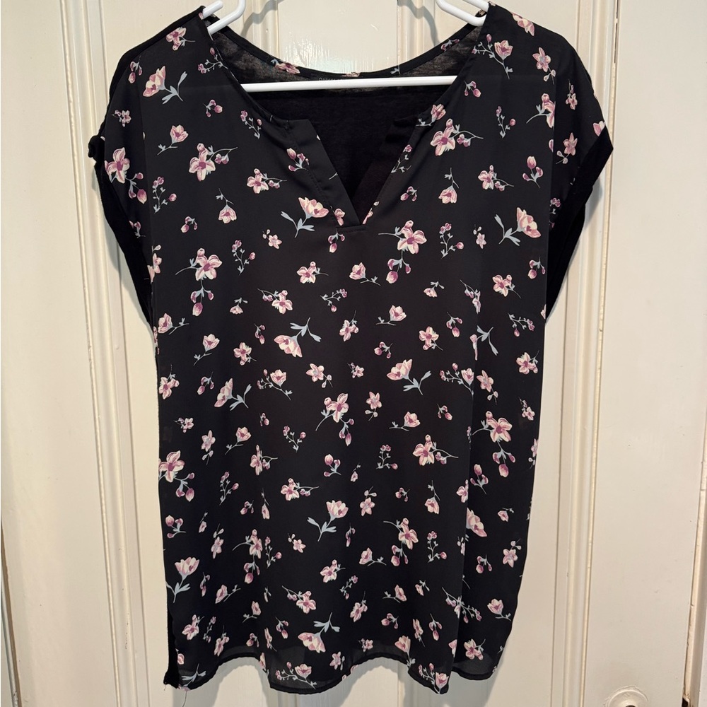 Papermoon Black with pink floral, mixed texture blouse